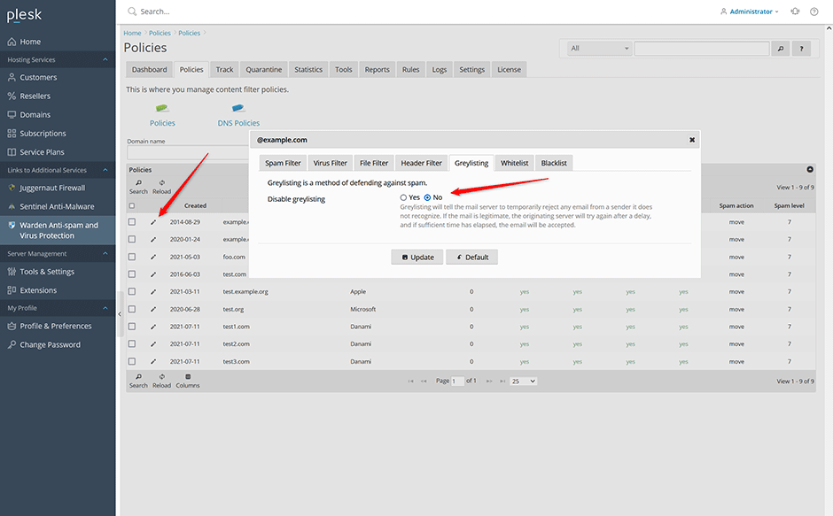 Disabling greylsting for a domain