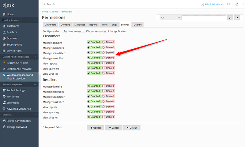 Spam and Virus Management Permissions